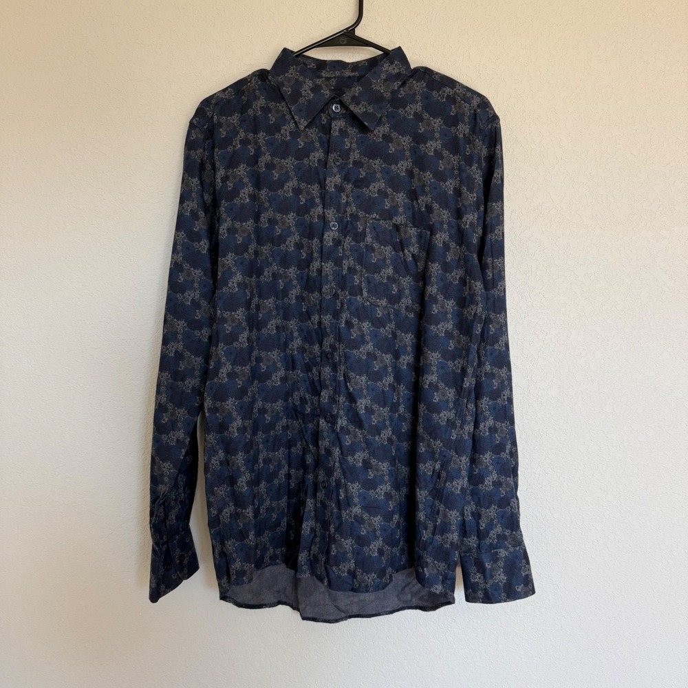 Walker Slater Mens Blue Floral Herringbone Cotton Button Down Shirt Large Dark